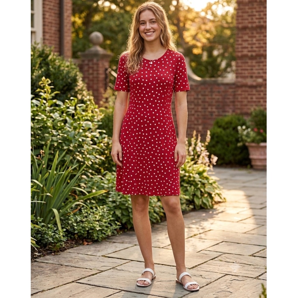 Susan Graver Red White Polka Dot‎ A-Line Knit Dress Short Sleeve XS A596326